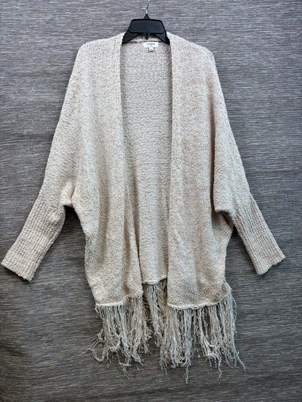 Umgee USA Fringe Open Front Cardigan Sweater Boho Festival Size L Beige